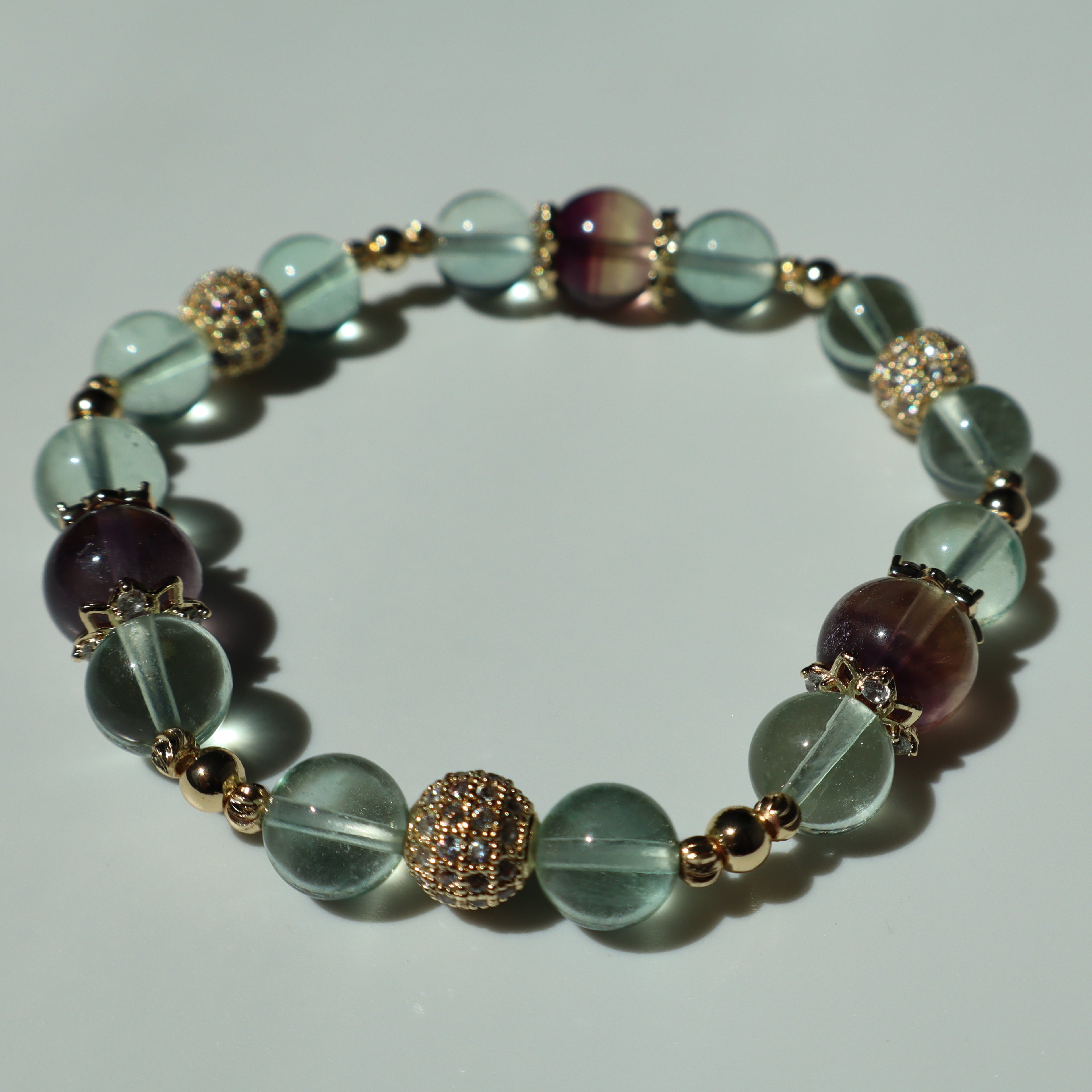 8mm Green and Purple Fluorite Bracelet with Gold Zircon Findings