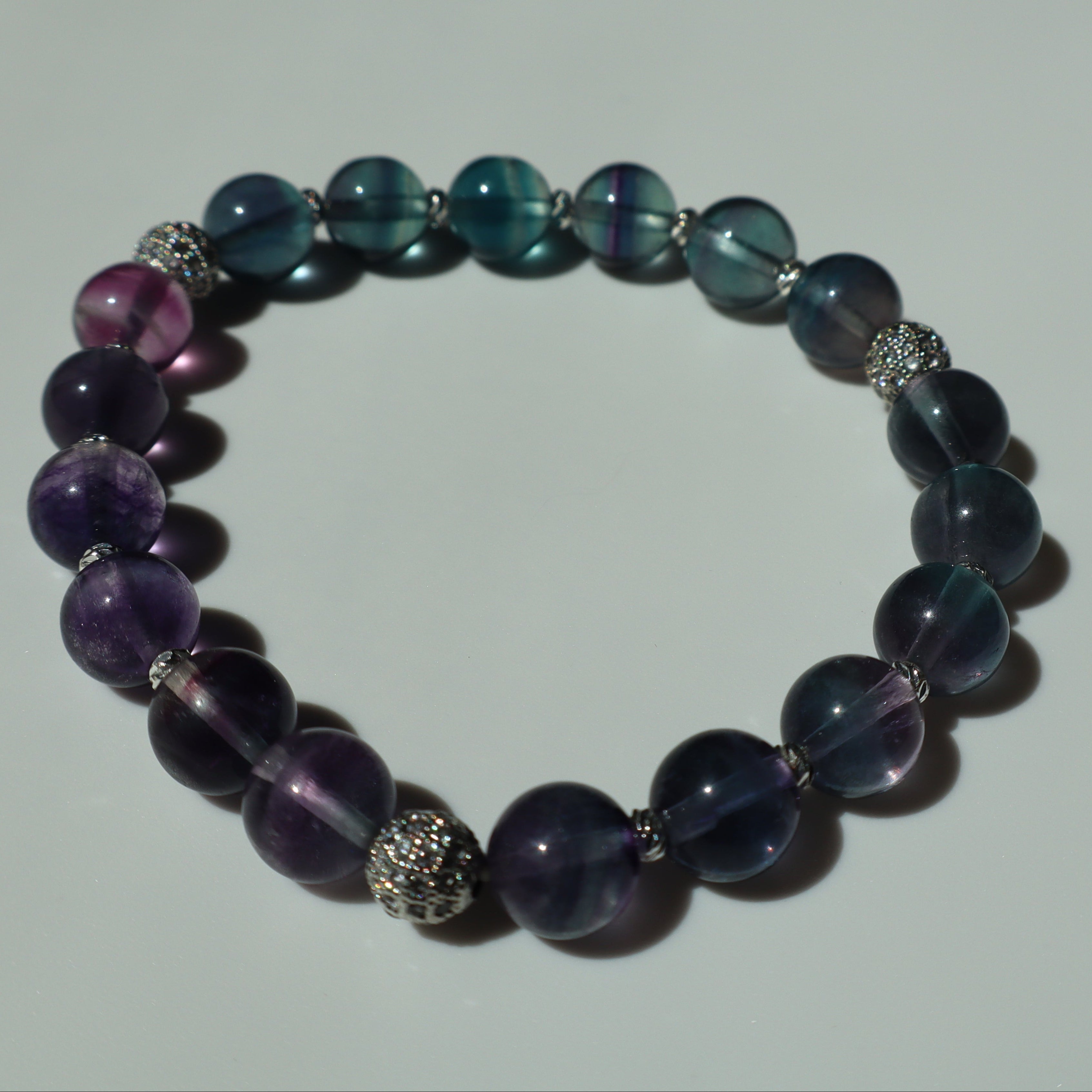 7mm Blue and Purple Rainbow Fluorite Bracelet with Silver Zircon Findings