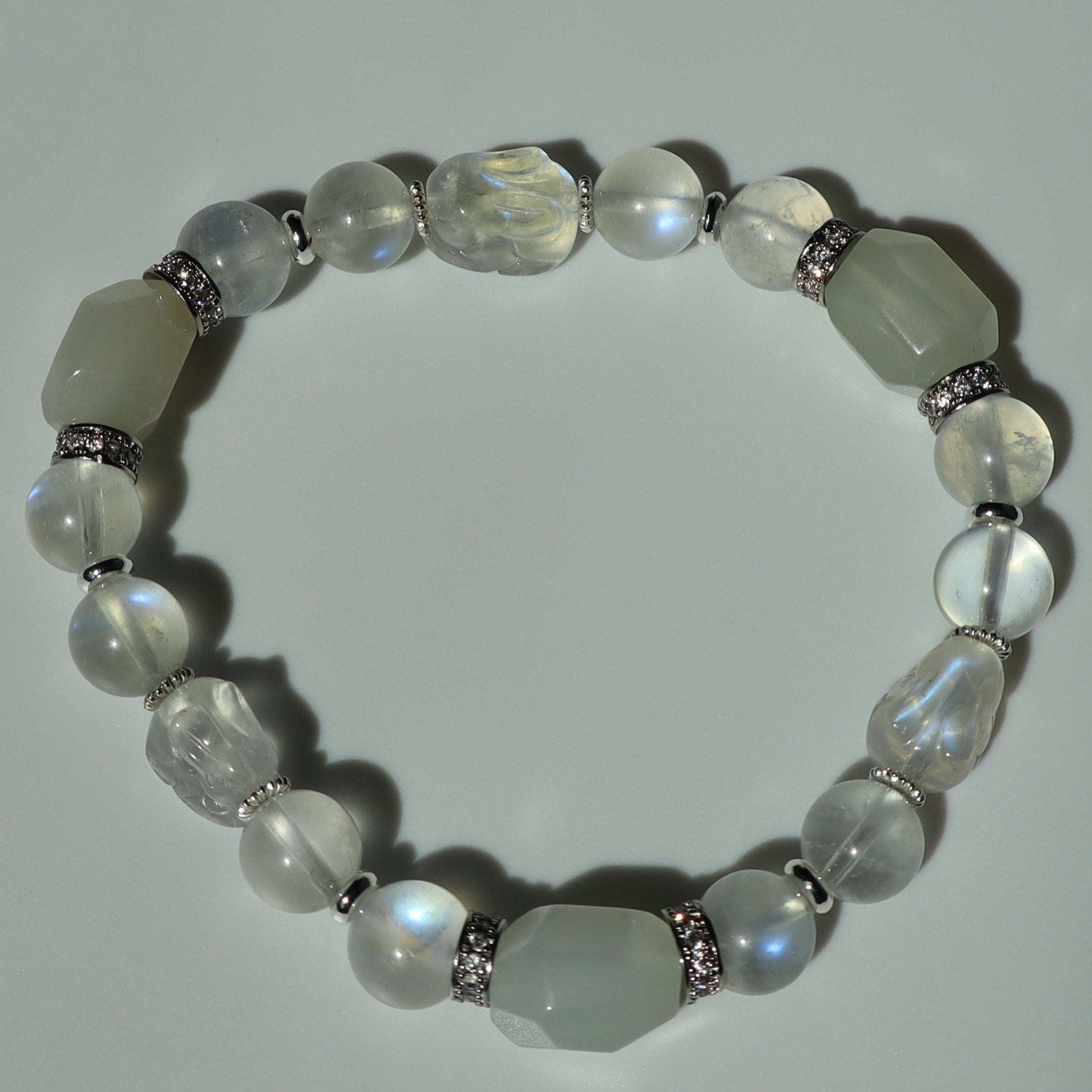 6mm Blue Moonstone Carved Rabbit Beads Bracelet with Silver Zircon Findings