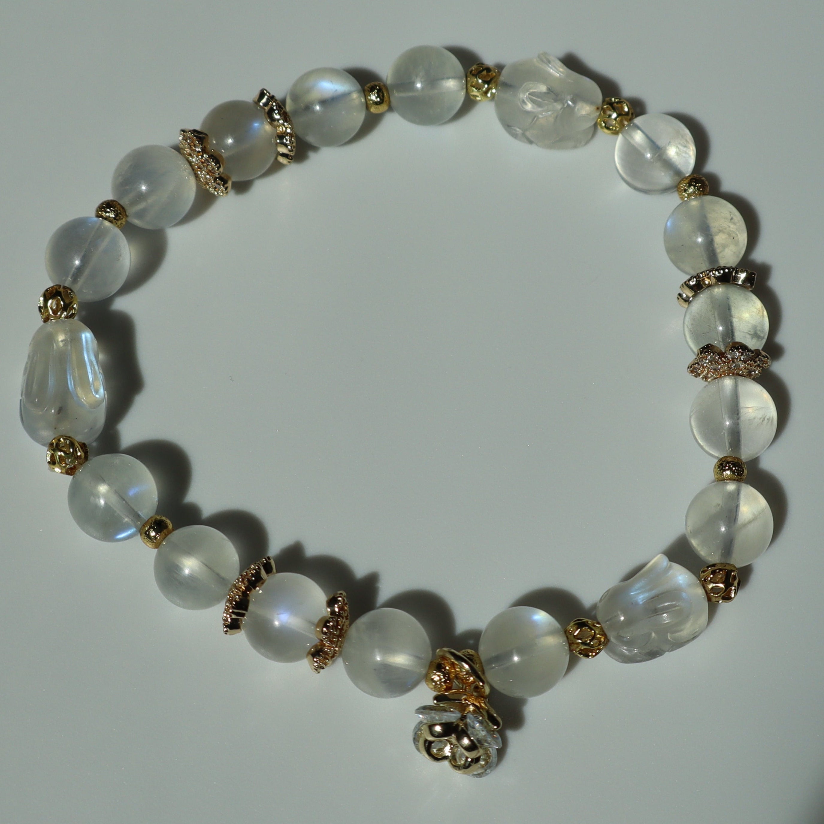6mm Blue Moonstone and Geometric Beads Bracelet with Carved Rabbits and Silver Zircon Findings