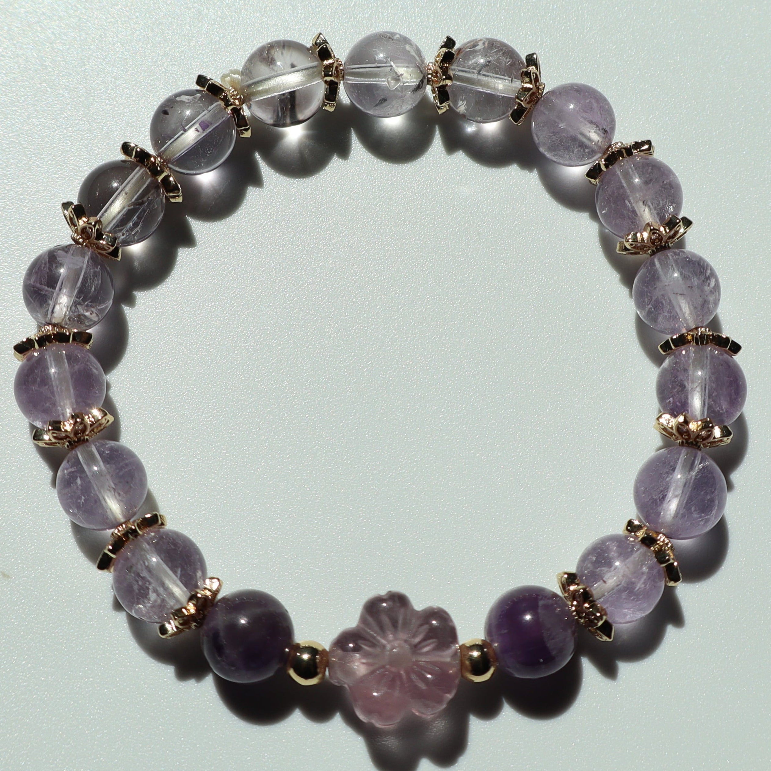 6mm Amethyst and Purple Fluorite Flower Bracelet with Gold Zircon Findings Petite Size