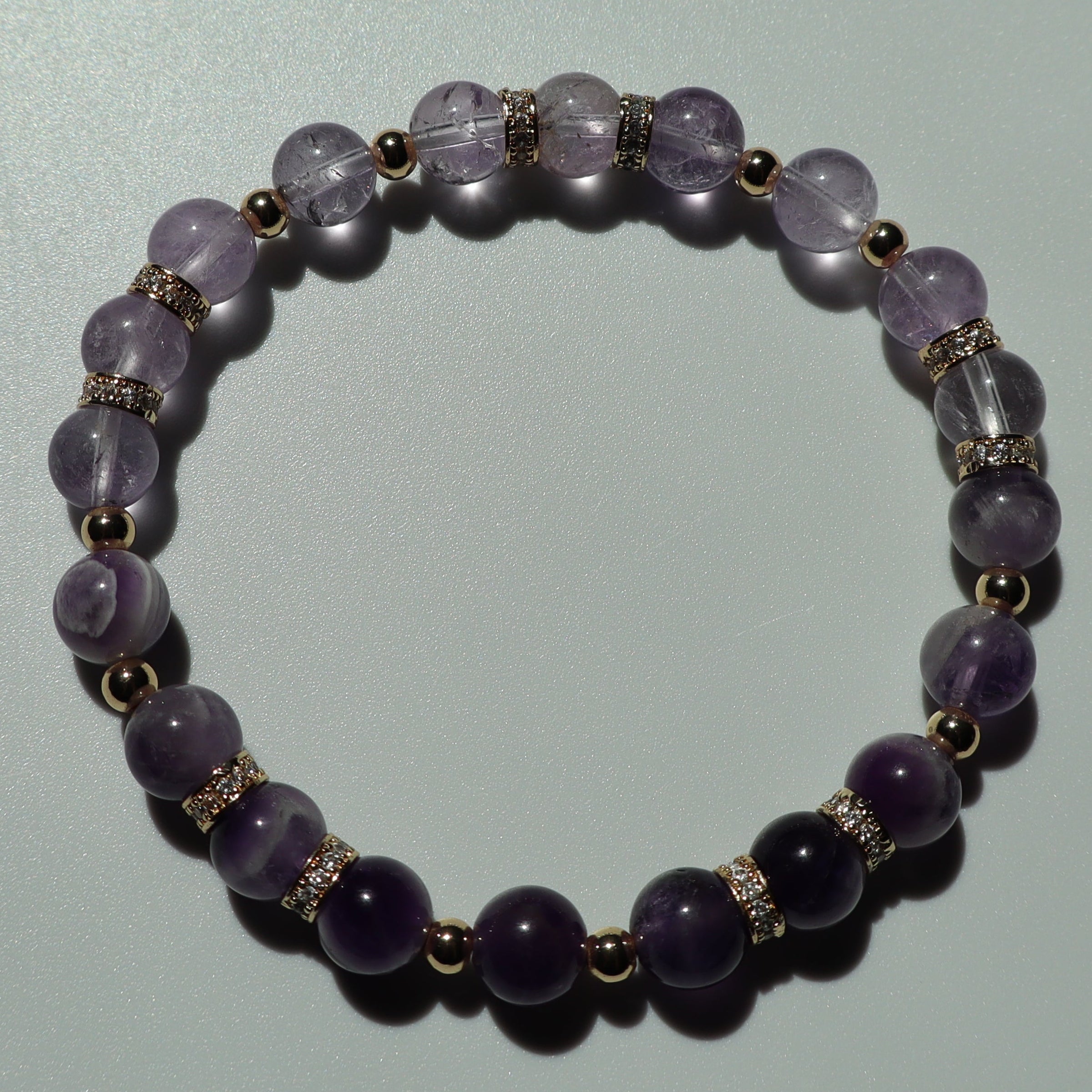 6mm Amethyst and Dream Amethyst Bracelet with Gold Zircon Findings