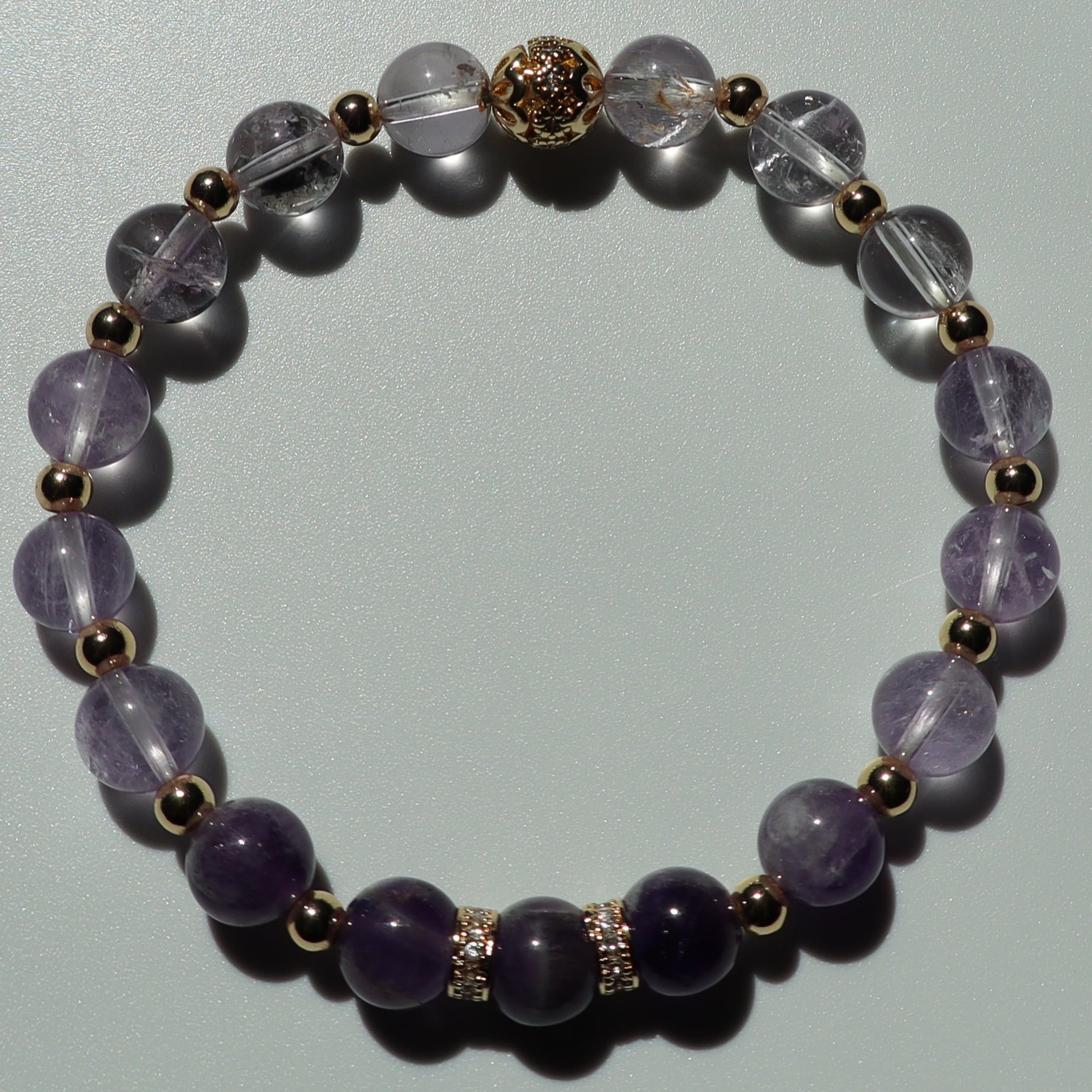 6mm Amethyst and Dream Amethyst Bracelet with Gold Zircon Centerpiece